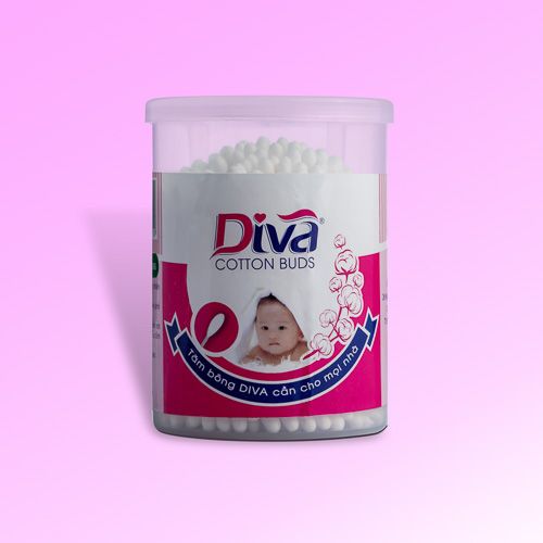 Tăm bông vệ sinh tai thương hiệu Diva dành cho bé hộp tròn 200 que nhựa-DVN200B (lốc 6 hộp)